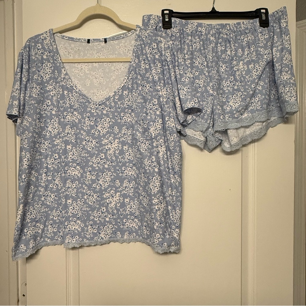 Women’s Soft Knit Floral Pajama Shorts Set Blue Lace Trim Lounge Sleep XL XXL